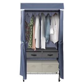 JS HOME 3-Tier Adjustable Garment Rack with Shelves, Heavy Duty Rolling Clothing Rack, Dust-Proof, Lockable Wheels, Black