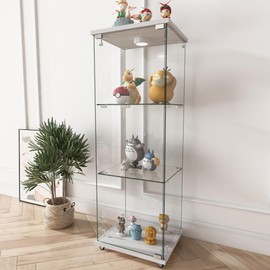 WRTEYEUI Glass Display Cabinet, 3-Tier Curio Storage Cabinet Glass Display Case Showcase 5mm Tempered Glass Bookshelf with Door for Collectibles, White