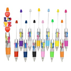 Lopenle 12 Pcs DIY Beadable Pens Plastic Colored Bead Pens Kit Bulk Bling Diamond Beaded 4 in 1 Ballpoint Cute Pens for Students Teacher School Office Home（Multicolor）