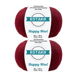 Estako Happy Wool (2 Skeins Pack) 40% Merino Wool 20% Cashmere Type Polyamide 40% Acyrlic Fingering Weight Soft Knitting and Crochet Yarn (2 x 1.76 oz) (2 x 191 yds) (8016 - Claret)