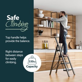 WOA WOA 4 Step Ladder for 10 Feet High Ceiling, Lightweight Foldable Ladder with Non-Slip Wide Pedals, Step Stool with Safe Handrail, Space Saving for Home, Kitchen, Indoor & Outdoor 300lbs - Black