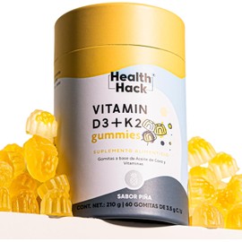 Gomitas de Vitamina D3 400 UI + K2 sabor Piña | 60 gomitas para 1 mes con Aceite de Coco, Citrato de Magnesio, Q10, Ingredientes Naturales, Formula Vegana Sin Azúcar | Health Hack