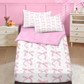 Nesker Twin Zipper Bedding, Ribbon Bow Knot Zipper Bedding Sets for Girls, 3pcs All in on one, Cute Pink Bow Kids Comforter Set with Fitted Sheet and 1 Pillowcase