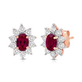Jewelili 14K Rose Gold Over Sterling Sliver 6x4 MM Oval Created Ruby and 1/20 Cttw Natural White Round Diamond Cluster Stud Earrings, Metal, Created Ruby