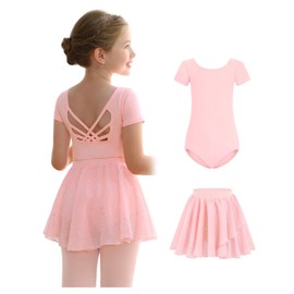 MdnMd Ballet Leotards for Girls Skirt Tights Combo Dance Dresses for Toddler Ballerina Outfit Hollow Knot Back with Short Sleeve (Ballet Pink, 10-12 Years)