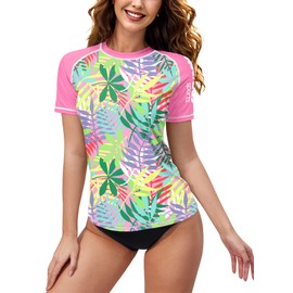BesserBay Women Uv Modest Short Sleeve Rash Guard Swim Top Quick Dry Bathing Suit Swimming Costume Fresh Pink Leaves XL