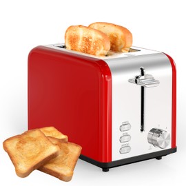 Simple Deluxe 2-Slice Toaster, 6 Browning Setting and 3 Function Stainless Steel Toaster, Extra Wide Slot & Removable Crumb Tray, for Bread & Waffle, Red