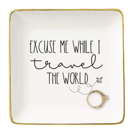 NZY Excuse Me while I Travel the World,World Traveler Gifts,Vacation Gifts,Adventure Gifts,Gift for Traveler,Funny Travel Lovers Christmas Gifts-Ceramic Jewelry Tray Trinket Holder Ring Dish