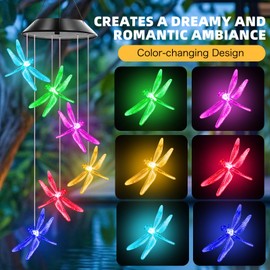 Dragonfly Solar Wind Chimes Outdoor, Color Changing Solar Lights, Gifts for Mom Grandma, Waterproof Decorative Mobile Light, Gardening Gift for Garden,Patio, Window, Yard, Outdoor Decor
