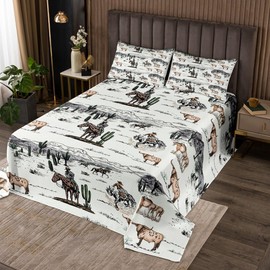 Western Cowboy Bedspread King Size,Vintage Southwest Style Comforter Set Desert Cactus Cow Horse Animals Bedding Quilt for Kids Boys Girls Adult Room Decor,Grey Brown White Coverlet Set 3Pcs