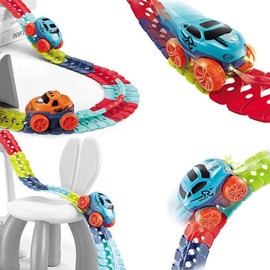INONE Flexible Glow-in-The-Dark Race Track Set with Light Up Cars for Kids 3-6 Years Zero Gravity Car Track Set Race Toys for Boys Kids (Electric Car Set, 50, Pcs)