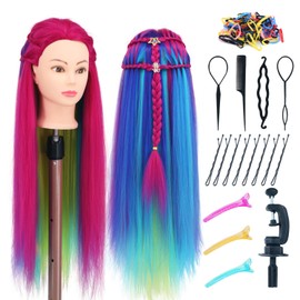 Mannequin Head with Hair, 29'' Training Head Braiding Doll Head for Hair Styling Manikin Cosmetology Mannequin Head Hair Practice Model Head with Clamp Holder (Rose Red Series)