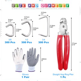 Glarks 902Pcs Hog Ring Pliers with Hog Rings Kit, 900Pcs 1/2'' 3/4'' 3/8'' Steel Hog Rings with Hog Ring Pliers and Anti-Cutting Gloves for Upholstery, Fencing, DIY Craft, Furniture and more