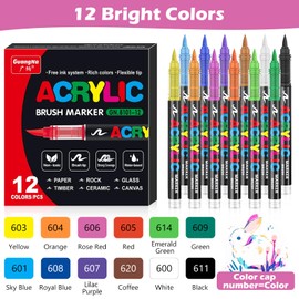 VAKKI 12 Color Acrylic Paint Pens, Acrylic Brush Markers, Paint Pens For Colouring, Stone, Calligraphy, Wood, Canvas, Glass, Ceramics