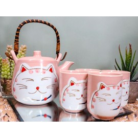 Ebros Gift Maneki Neko Lucky Beckoning Cat Matte Pink 20oz Ceramic Tea Pot and Cups Set
