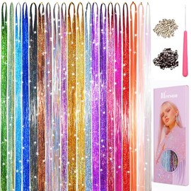 Hersun Kit de oropel para el cabello con purpurina, 20 colores, 6300 hebras, 48 pulgadas, con herramientas, oropel resistente al calor, reflejos de pe