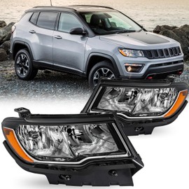 SOCKIR Headlights Assembly Compatible with 2017 2018 2019 2020 2021 Jeep Compass OE Headlamp Chrome Housing,Driver and Passenger Side