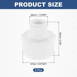 sourcing map 2 Pcs Garden Hose Adapter, Male 1.5" NPT x 3/4" GHT Garden Hose Fitting Male Plastic Connectors for Tank and Pool Pump Hoses, White
