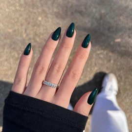 KQueenest 30 Pcs Acrylic Press on Nails Short Almond, Dark Green False Nails Short Almond, Glossy Solid Color Stiletto Fake Nails Set, Reusable Natural Gel Stick on Nail for Women Finger Daily Wear