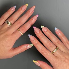 Uñas postizas arcoíris: uñas cortas almendradas con puntas francesas de colores, uñas postizas adhesivas de cobertura total en tonos nude naturales pa