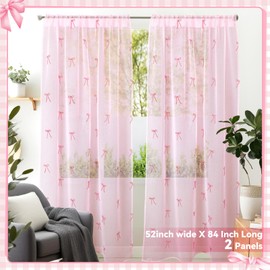 Tegeme 2 Panels Pink Bow Sheer Curtains 84 Inches Long Embroidered Voile Curtains Decorative Coquettish Sheer Shades Pink Faux Linen Semi Window Decor for Home Party Office