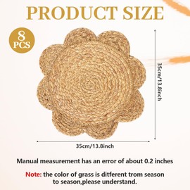XEQWZVFR 8Pcs Round Woven Placemats 13.8" Rattan Placemats Natural Straw Hand Woven Farmhouse Place Mats Scalloped Edge Boho Braided Heat Wicker Table Mats for Dining Table Kitchen Home Wedding