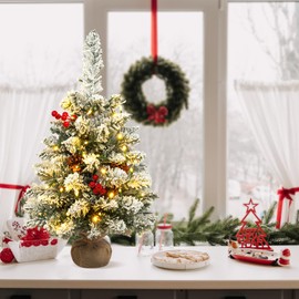 Uten Christmas Tree Flocking Snow Small Christmas Tree, Round Pine Cones/red Fruits, 50 LED Waterproof Battery Box with Cement Base Mini Christmas Tree Christmas Decorations for Home, Office, Party