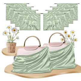 RUDONG M 8 Pack Satin Dust Bags for Handbag, Silky Dust Cover Bags with Drawstring, Sage Green Purse Dustbags for Storage, Travel Pouch Clothes Shoes