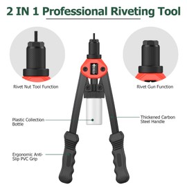 JiGiU 2 in 1 Rivet Nut Tool Rivet Gun, Professional Hand Riveter Dual-function Rivet Nut Gun Rivet Gun Kit Multi-purpose Pop Rivet Gun Rivnut Tool with 7 Mandrels 5 Rivet Nozzles,110 Nuts & 50 Rivets