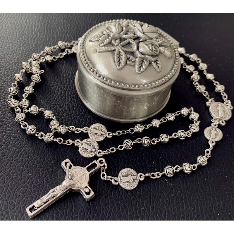 elegantmedical Handmade Silver Rose Beads St. Benedict Rosary Catholic Necklace
