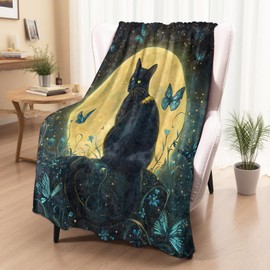 xmwjfd Magical Black Cat Blanket, Cozy Plush Glowing Full Moon & Butterfly Throw Blanket for Couch Bedroom Outdoor, Lightweight Soft Flannel Travel Blankets, Gifts for Women Adults, Warm Decor 50"×60"