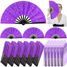Vercraft 24 Pcs Glitter Large Rave Fans Bulk, Folding Handheld Organza Bag, Chinese Tai Chi Kung Fu Fan Gifts for Outfits Edm Wedding Performance Dancing Party(Purple)