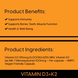 Vitamin D3 + K2 Capsules | Vegeterian Capsules | 5000IU & 100μg (MK-7) | 60 High Strength HMPC Vegan Capsules | 1-A-Day | Vegetarian and UK Manufacture - Supports Immune Sytem & Bone Health
