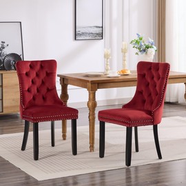 FocusOnHome Classic Velvet Dining Chairs, High-end Tufted Solid Wood Contemporary Velvet Upholstered Dining Chair with Wood Legs Nailhead, Set of 2,Burgundy, Wine Red,SW2001WR