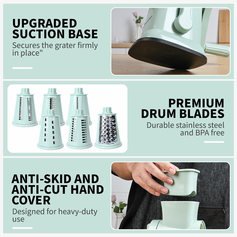 NexoBlaze 6 in 1 Rotary Cheese Grater Hand Crank with