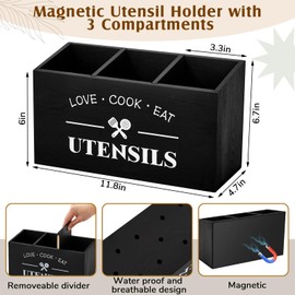 Colingmill Magnetic Utensil Holder Silverware Organizer for Fridge Kitchen Counter Wooden Silverware Holder with 3 Compartments for Fork Spoon Spatula