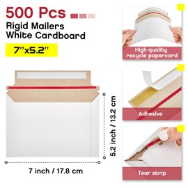 Affrolling 500 Pcs 7 x 5.2 Inch Rigid Photo Mailers with Self-adhesive Cardboard Card Shipping Envelopes Bulk for Document(White)