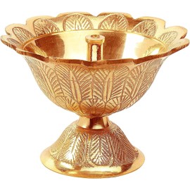 Brass Akhand Pooja/Puja Oil Lamp Jyoti Diya with Cotton Wick Engraved Design for Prayer, Aarti, Worship Religious Mandir Home Temple Festive Decoration 1 (Flower Design- 2.5 Inches)