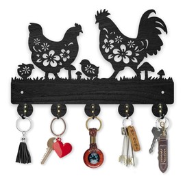 MAYJOYDIY Chicken Coat Hooks Wall Mount Floral Roosters Hens Chicks Wood Key Holder for Wall 11.8×7.9inch Black Animal Wall Art Decor Key Hooks 5 Alloy Hooks for Gift Farmhouse Entryway Living Room