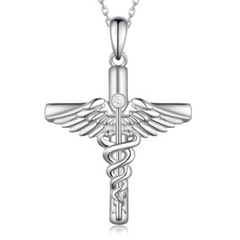 Nurse Necklace 925 Sterling Silver Nurse Pendant Caduceus Angel Wings Doctors Jewelry for Women Graduation Birthday Nurse’s Day Nurse Gifts