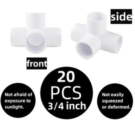 3/4 Inch 4 Way PVC Pipe Fitting connectors, 20Pack PVC Elbow Fittings for SCH40 PVC Pipe, PVC Pipe Tee Corner Fitting- Build Heavy Duty PVC Furniture,4 Way PVC Pipe Joint.