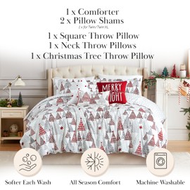 Southshore Fine Living, Inc. 5-Piece Reversible Christmas Comforter Set Twin/Extra Long, Red, Grey & White Christmas Bedding Twin, 1 Matching Sham, 3 Throw Pillows, Holiday Bedding - Merry & Bright