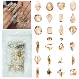 Champagne Gold Nail Rhinestones 120 Multi Shapes Flatback Crystal Golden Gems +SS10 SS16 Round Beads K9 Glass Stones Diamonds Jewels Nail Art Supplies Nail Charms for Nails Faces Eyes Makeup Crafts