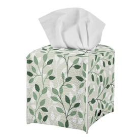 NETILGEN Tissue Box Cover Decorative Holder PU Leather Square Tissue Case Dispenser for End Table, Office Desk, Nightstand, Home Decoration, Green Leaves
