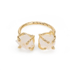 Dazzle Appeal Birthstone Rings for Women, Two Uncut Natural Gemstones Gold Ring, Bohemian Ring Prong Set January Birthstone Stone Size 5-10mm (Crystal)