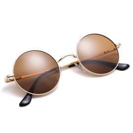 Pro Acme Retro Small Round Polarised Sunglasses for Men Women, Golden Frame | Brown Lens