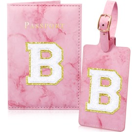 Giesiery Pink Marble Passport Cover & Luggage Tag Set - Embroidered Initials, RFID Protected - Perfect for Bridesmaids, Travel Enthusiasts - Unisex Adults