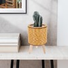 Kisangel Wooden Base Rattan Flower Pot Stand Woven Small Basket