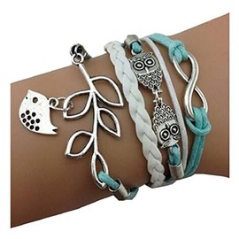Hithop Vintage Handmade Infinity Silver 8 Owl Leaf Bird Leather Bracelet Wristband
