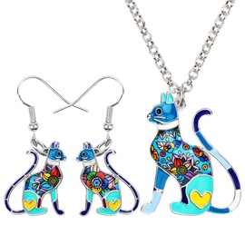 WEVENI Enamel Alloy Elegant Cat Jewelry Set Pet Earrings Necklace Pendant Gifts for Women Ladies (Blue)
